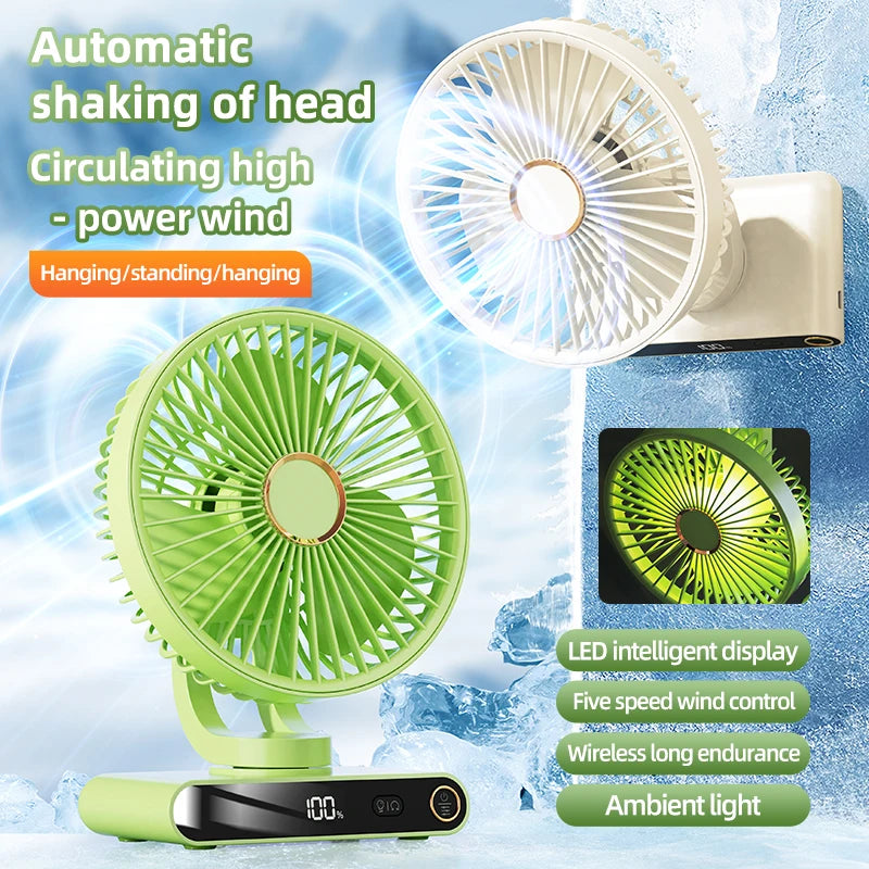USB Desktop Fan: 5 Speeds, Oscillation, Night Light, Power Display, Rechargeable, Wall-Mount. Portable for Multi-Scenario Use.