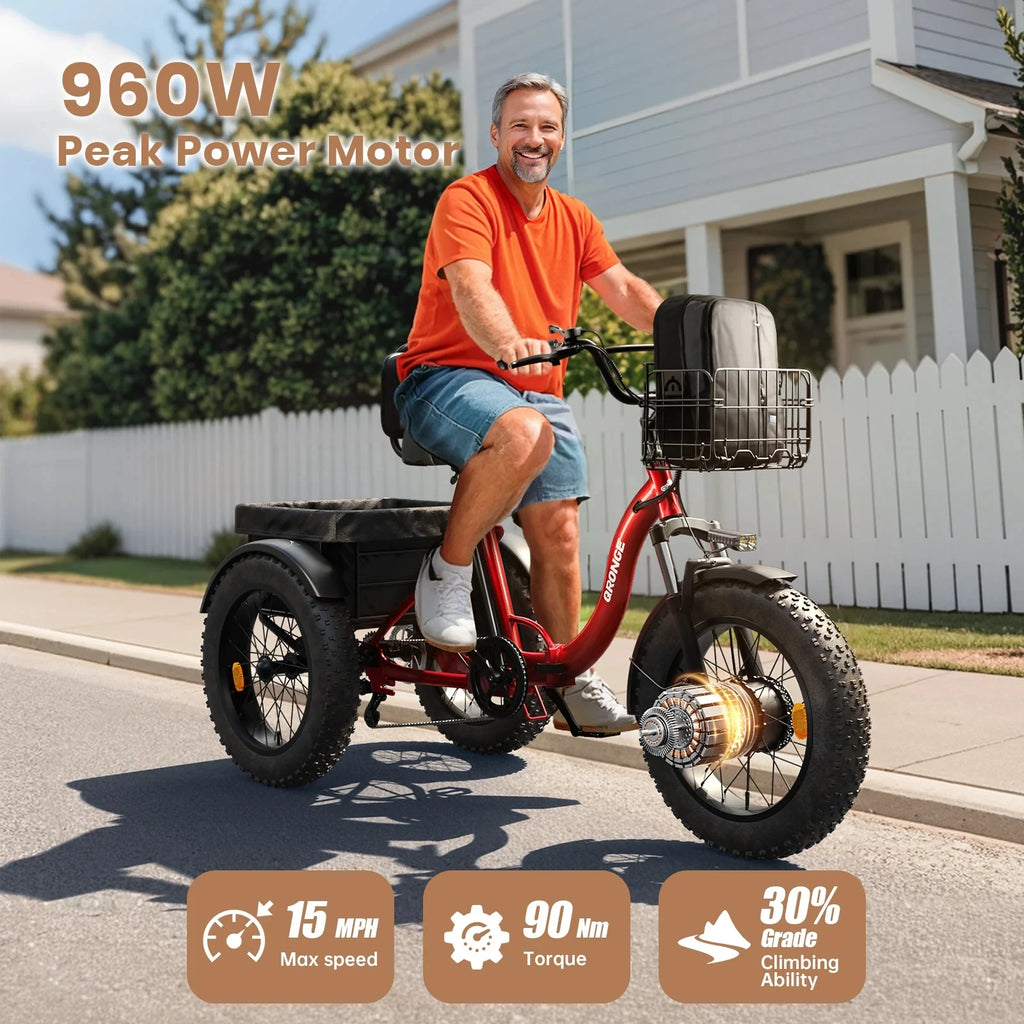 QRONGE Electric Bike 960W Peak 36V 13.5AH Battery Folding Electric Tricycle 50 Miles Range.