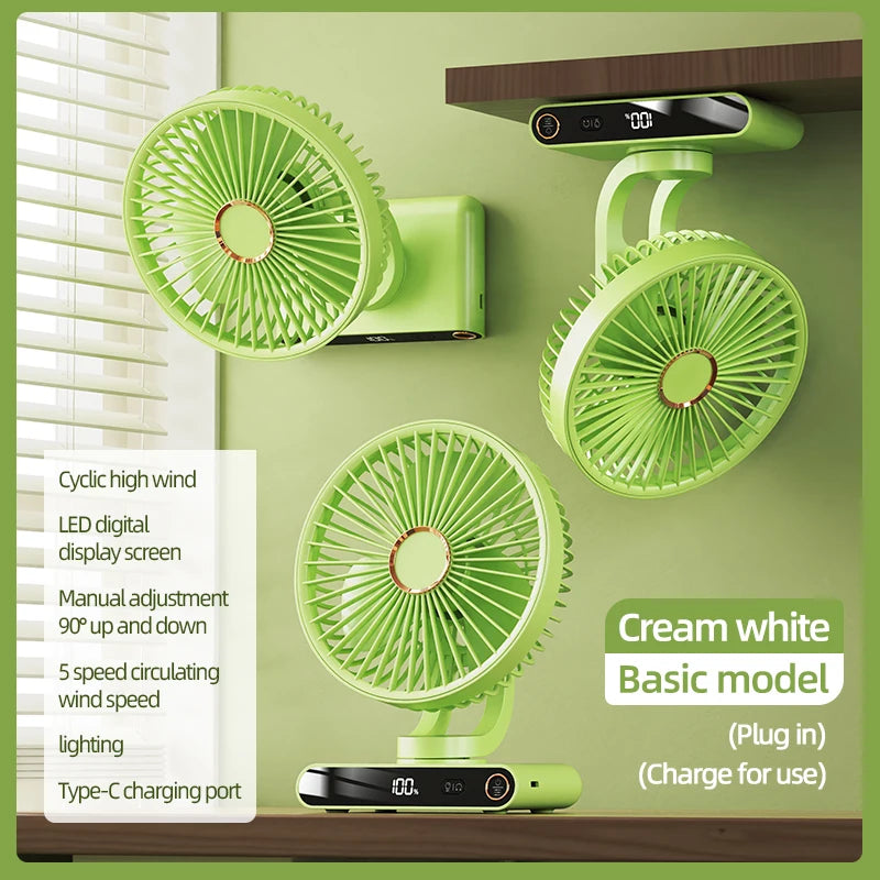 USB Desktop Fan: 5 Speeds, Oscillation, Night Light, Power Display, Rechargeable, Wall-Mount. Portable for Multi-Scenario Use.