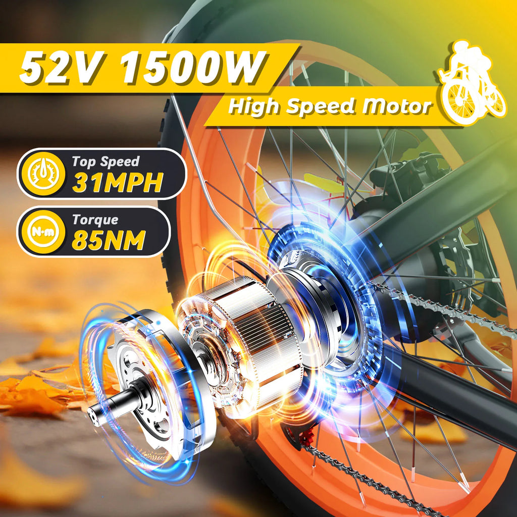 US Stock! 20'' Electric Bike 1500W Motor 52V 20AH 80 Miles 32MPH IP65 Waterproof.