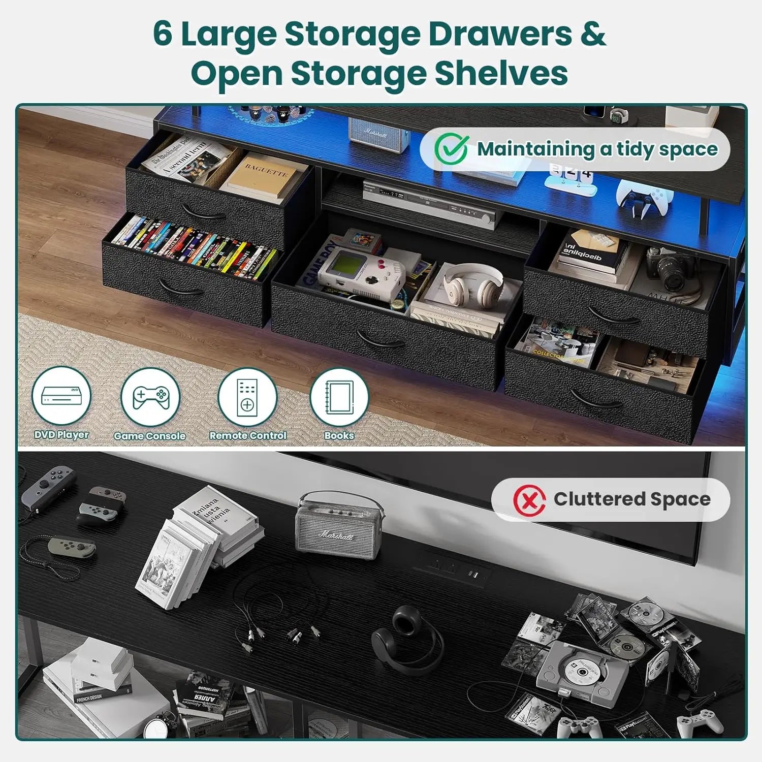 TV Stand with Mount for 32/55/65/70 inch TVs, 51.2" LED TV Stand with Power Outlets & Storage, Entertainment Center with Storage