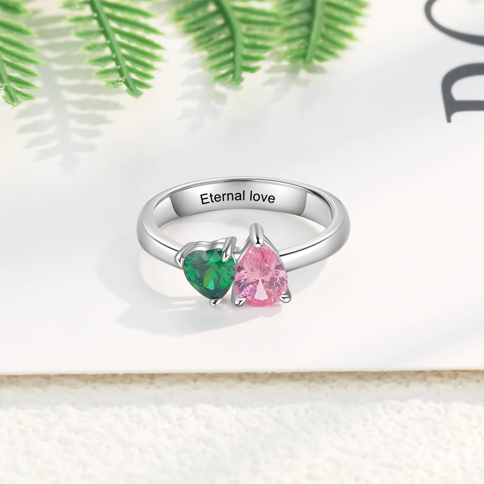 Ring with Heart Birthstone Personalized Inlaid Engraved.