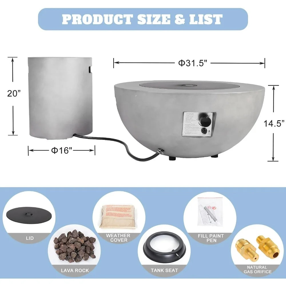 31.5 Inch Outdoor Propane Round Burner, 2 Pieces Concrete Fire Pit.