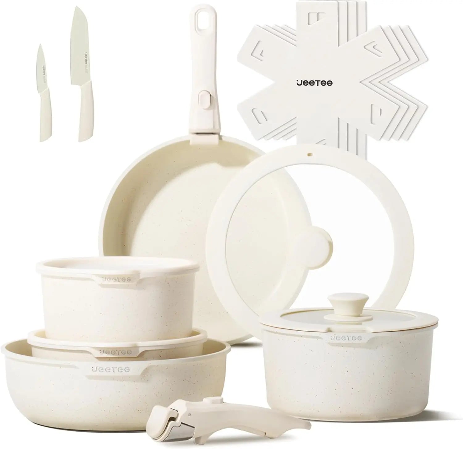 17-Piece Nonstick Cookware Set with Detachable Handle, Induction Safe, Oven Safe, PFAS/PFOA Free in Beige