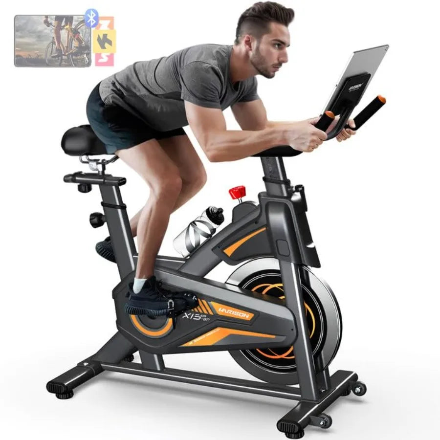 Indoor stationary exercise bike for home fitness with 350 lb weight capacity magnetic resistance workout bike featuring Bluetoo