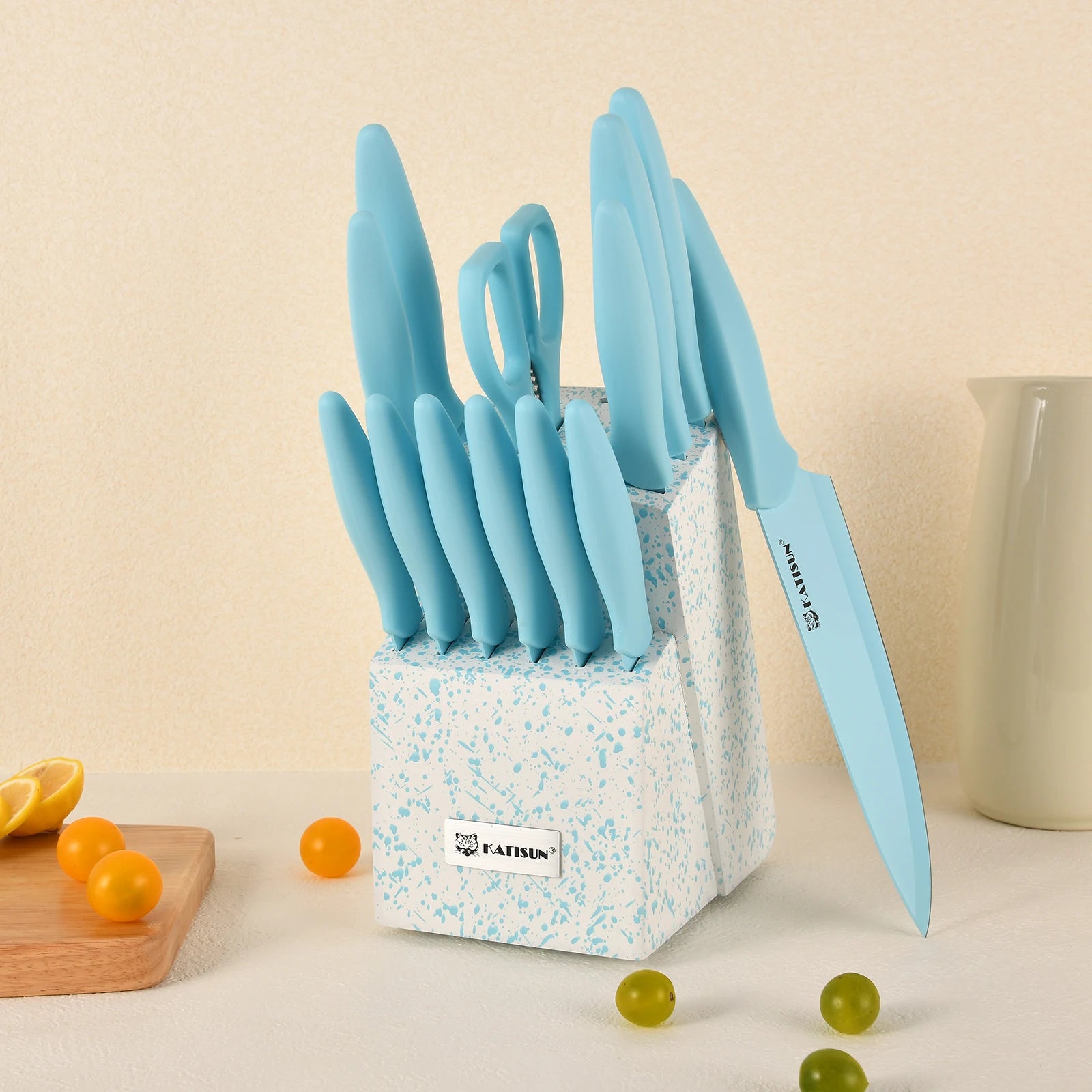 14 Pieces Blue Kitchen Knife Color Block Set , Anti-Rust Color Titanium Coated Carbon Steel, 12 Knives with Shears and Block