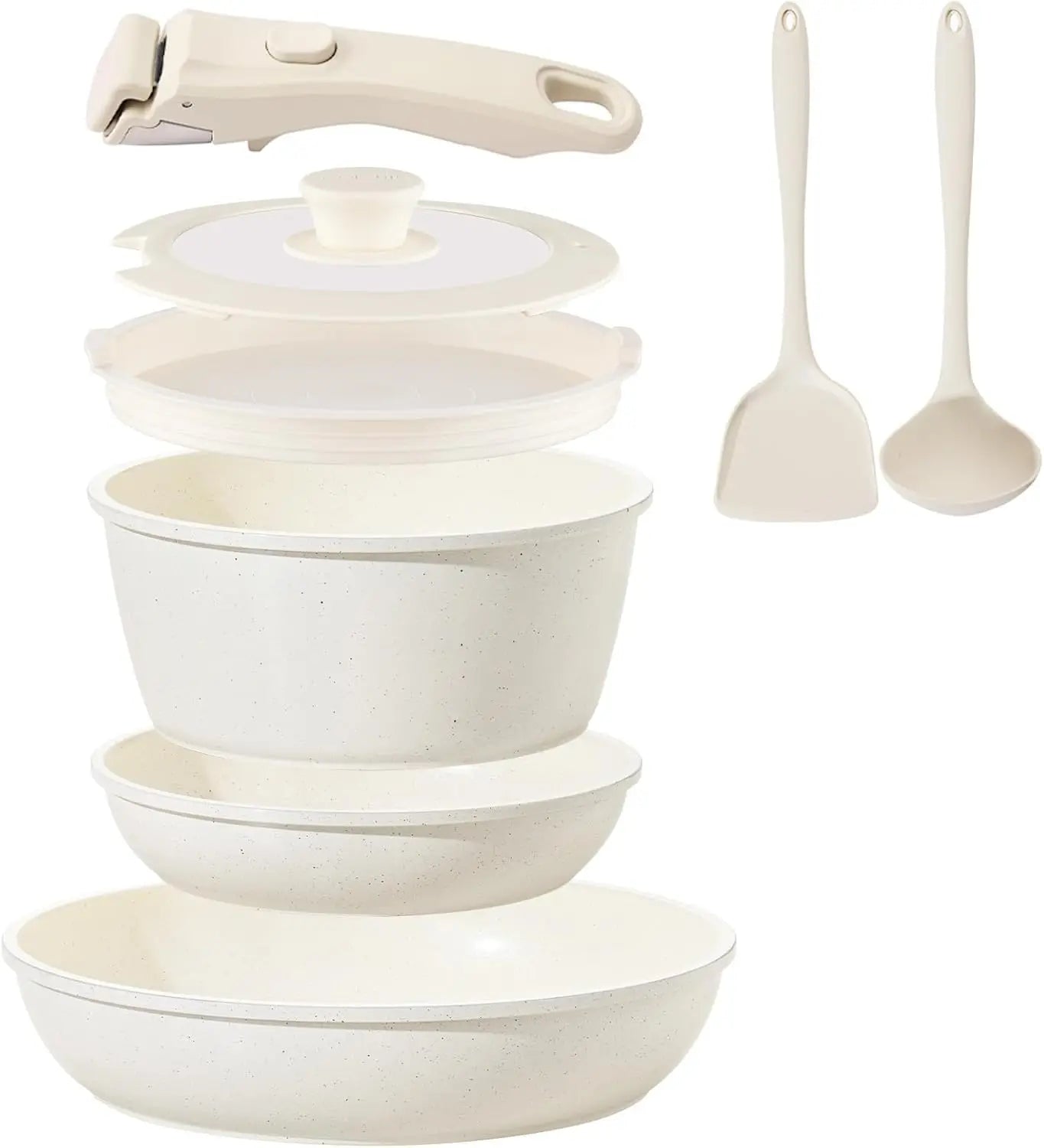 Ceramic Coated Cookware Set 8Pcs, Induction Compatible & Dishwasher Safe, Cream White