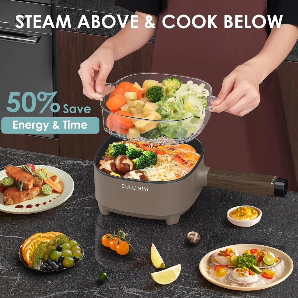 2L Electric Hot Pot with Steamer, Portable Multi-Cooker for Dorm, Office & Travel, Nonstick Coating Included