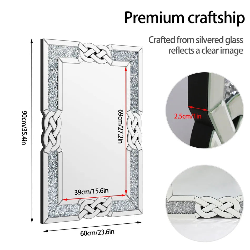 Large Crush Diamond Full Body Wall Mirror Artistic Silver Bathroom Vanity Mirror