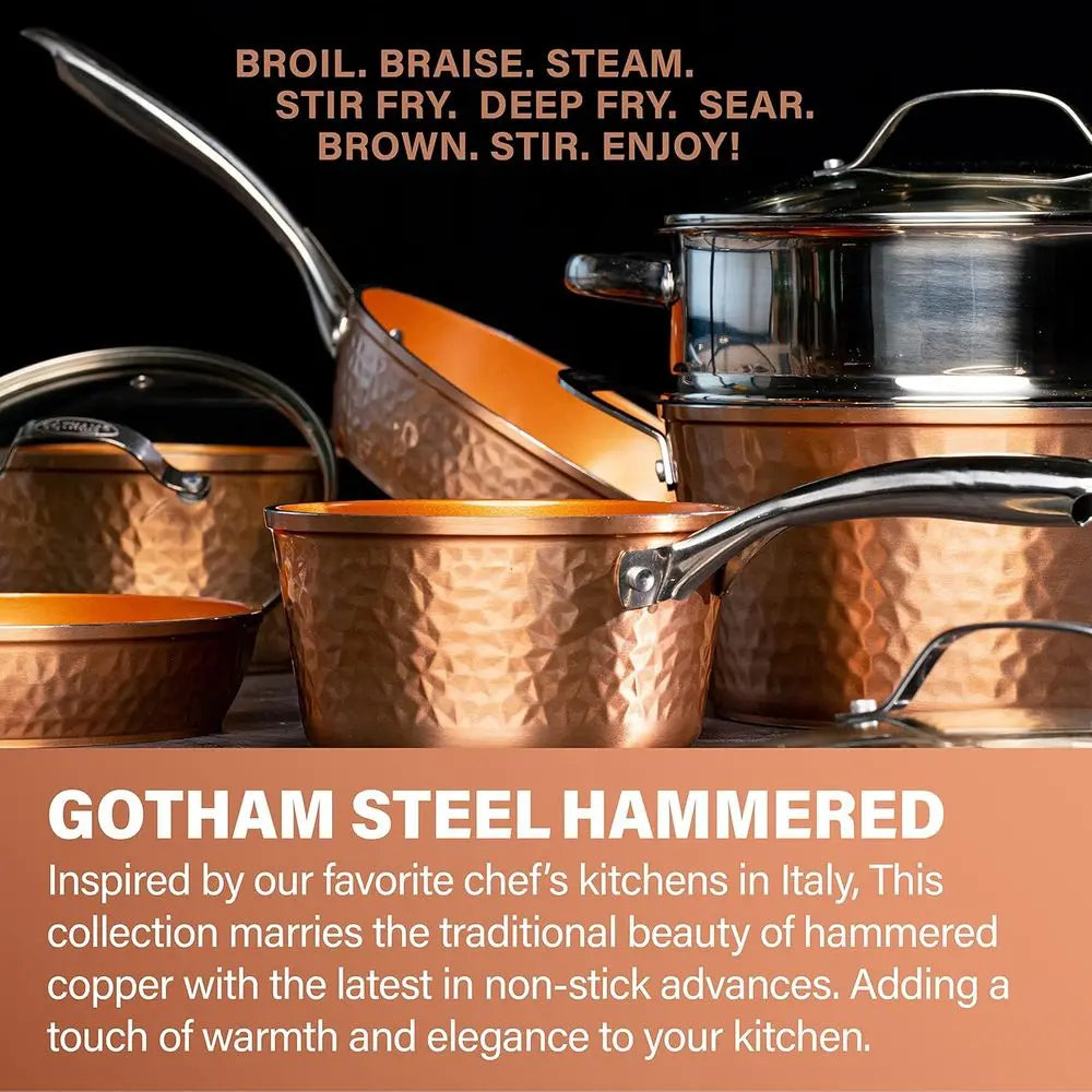 14 Inch Hammered Copper Non-Stick Frying Pan with Lid, Ceramic Coating, Induction Compatible, Oven and Dishwasher Safe, 100% PTF
