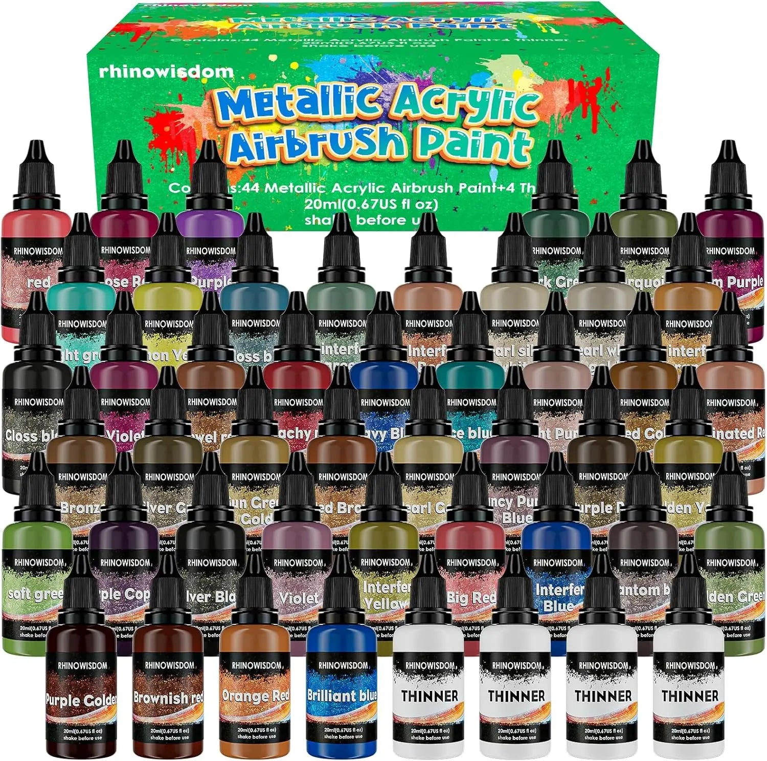 44 Colors with 4 Thinner Metallic Airbrush Paint Set (0.67 oz), Water Based Acrylic Air Brush Paint for Metal, Plastic Models.