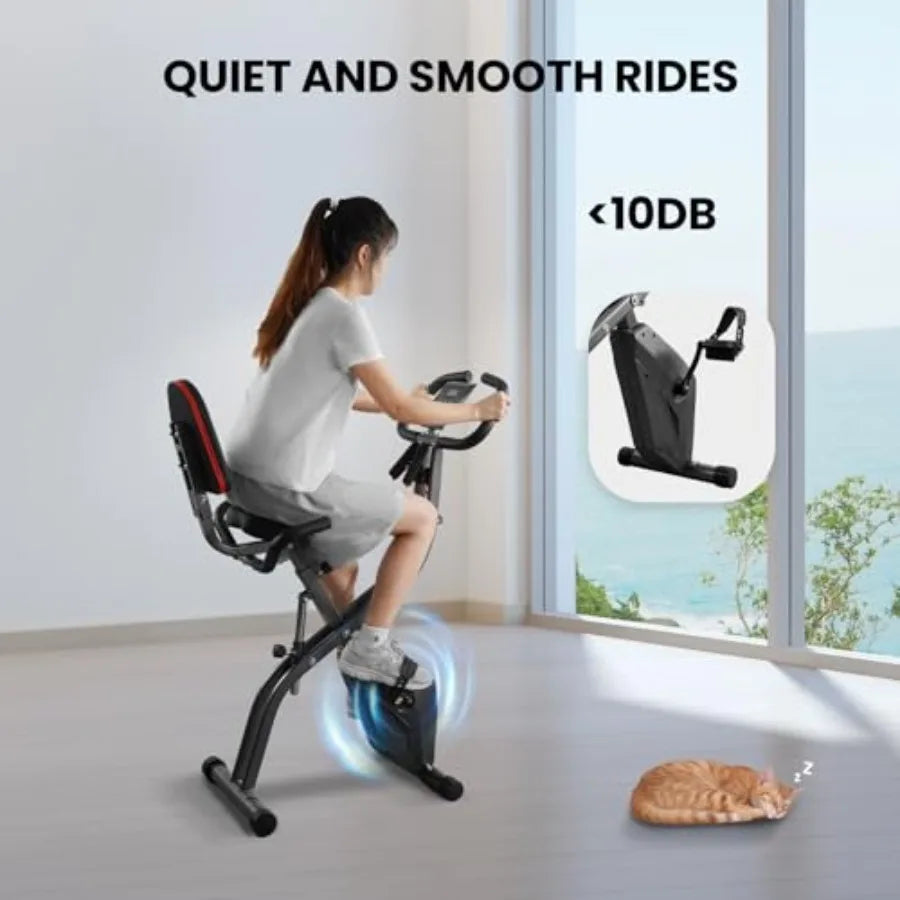 Home Workout Stationary Exercise Bike with 10Level Adjustable Magnetic Resistance Folding Design Builtin Back Support Pad Phone