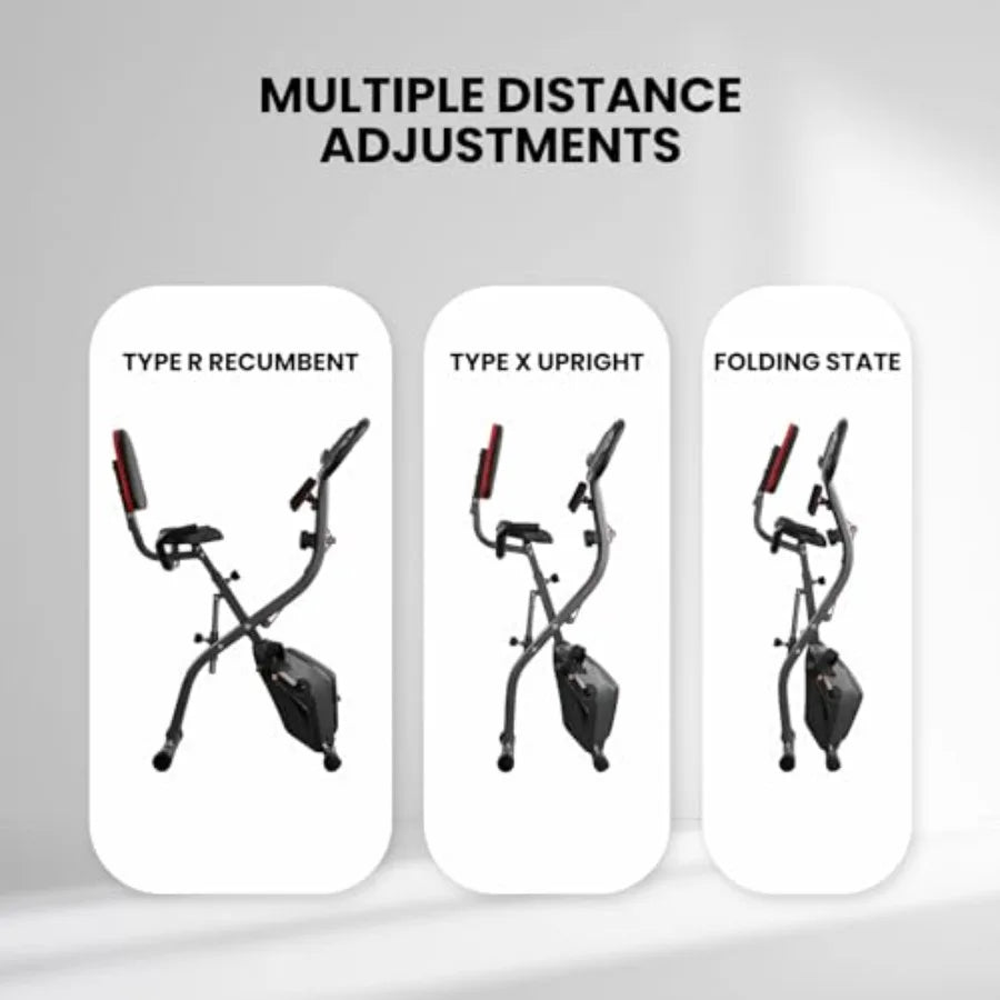 Home Workout Stationary Exercise Bike with 10Level Adjustable Magnetic Resistance Folding Design Builtin Back Support Pad Phone