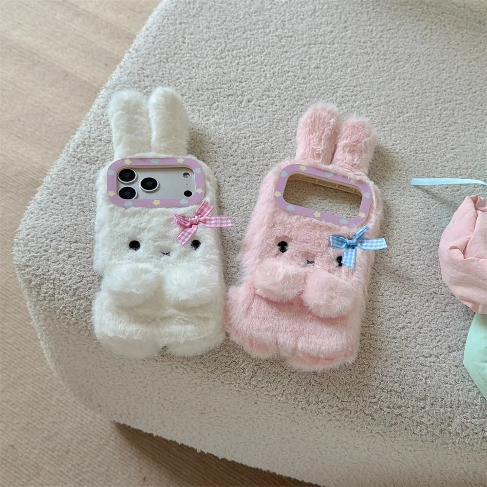 Warm fluffy furry bow 3D rabbit phone case.