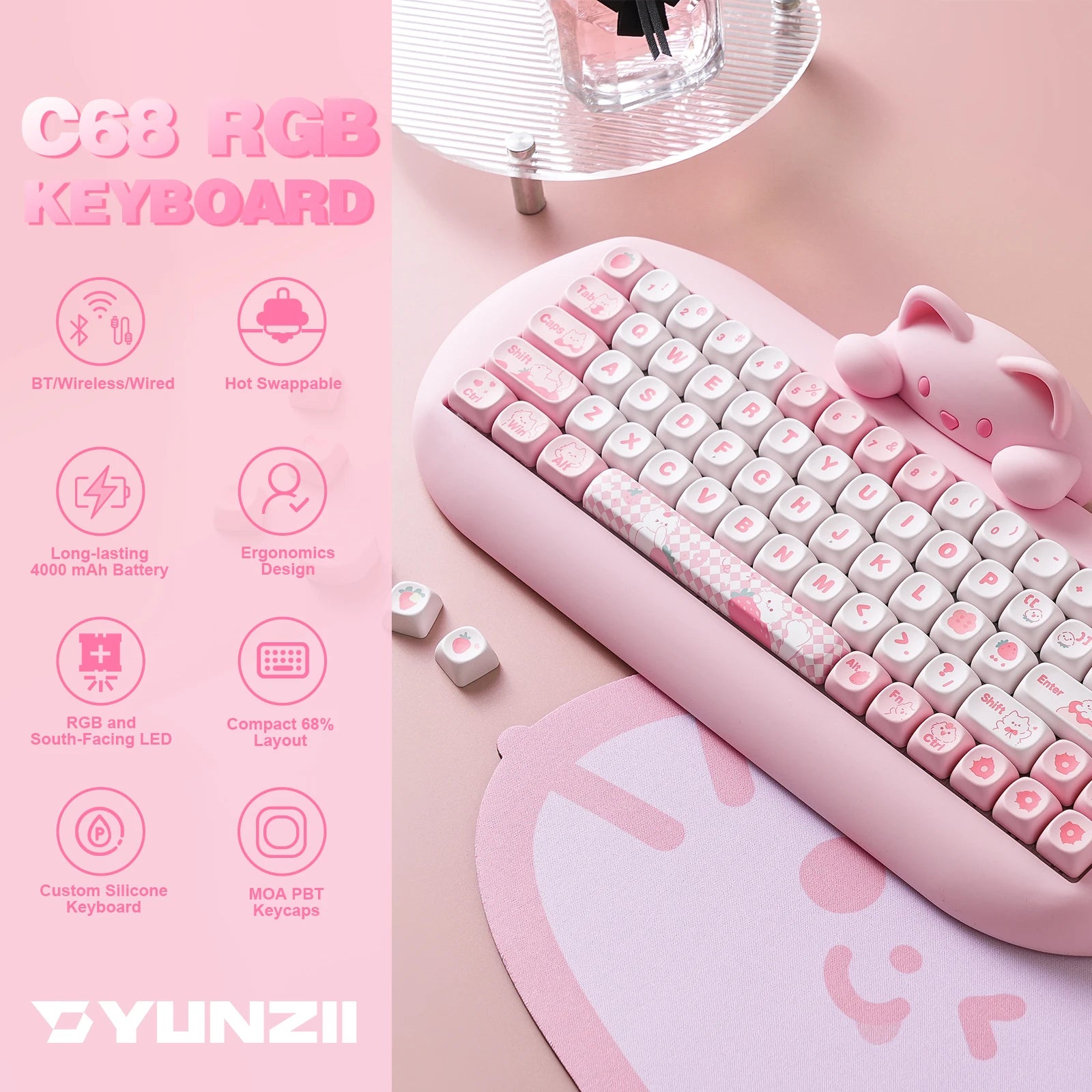 C68 Wireless Gaming Keyboard, Hi-Fi Cute Cat Custom RGB Mechanical Keyboard, Silicone 65% Hot Swap Ergonomic Kitty Keeb