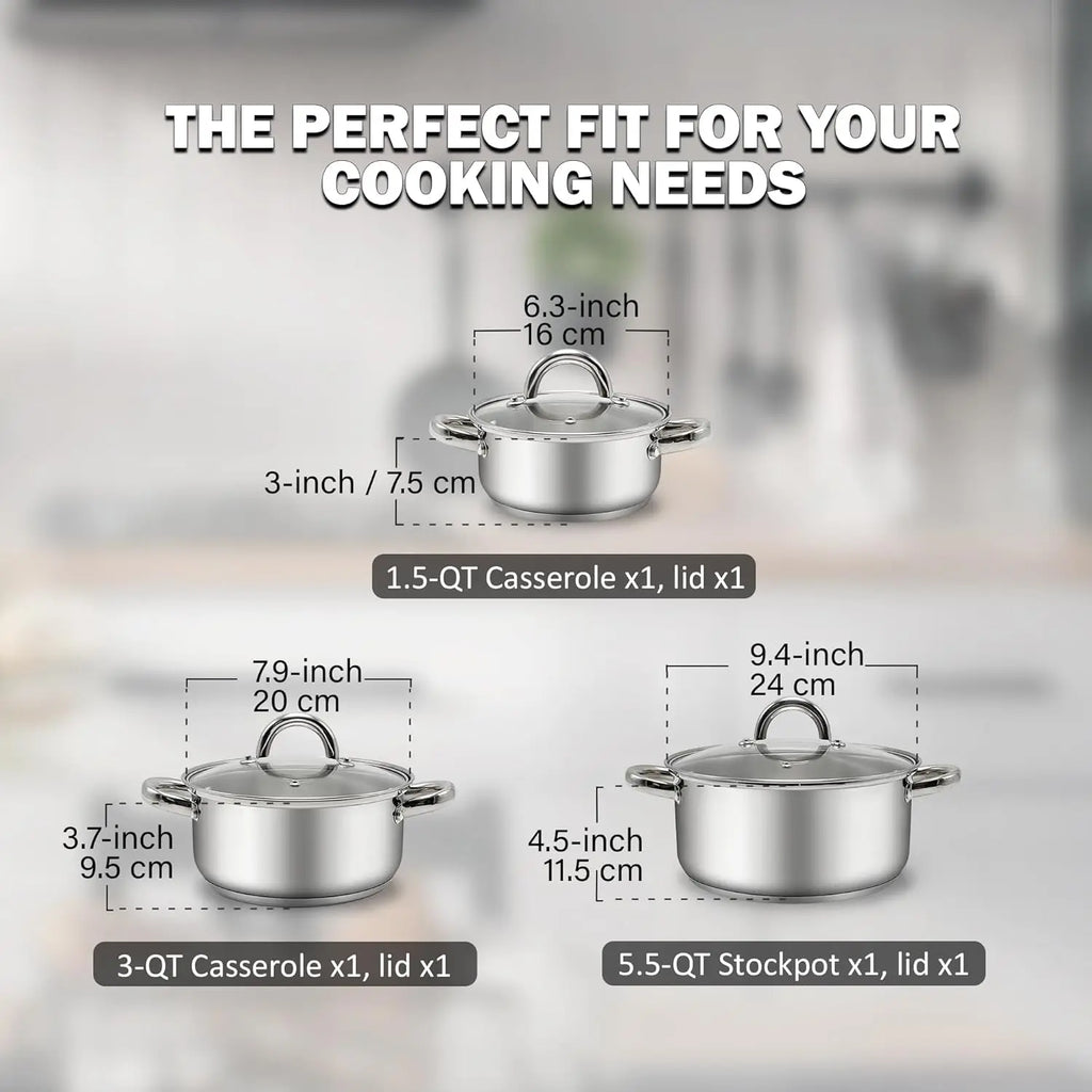 Stainless Steel Stock Pot Set with Glass Lids, 6-Piece Small Sauce Cooking Pan for Induction Stoves