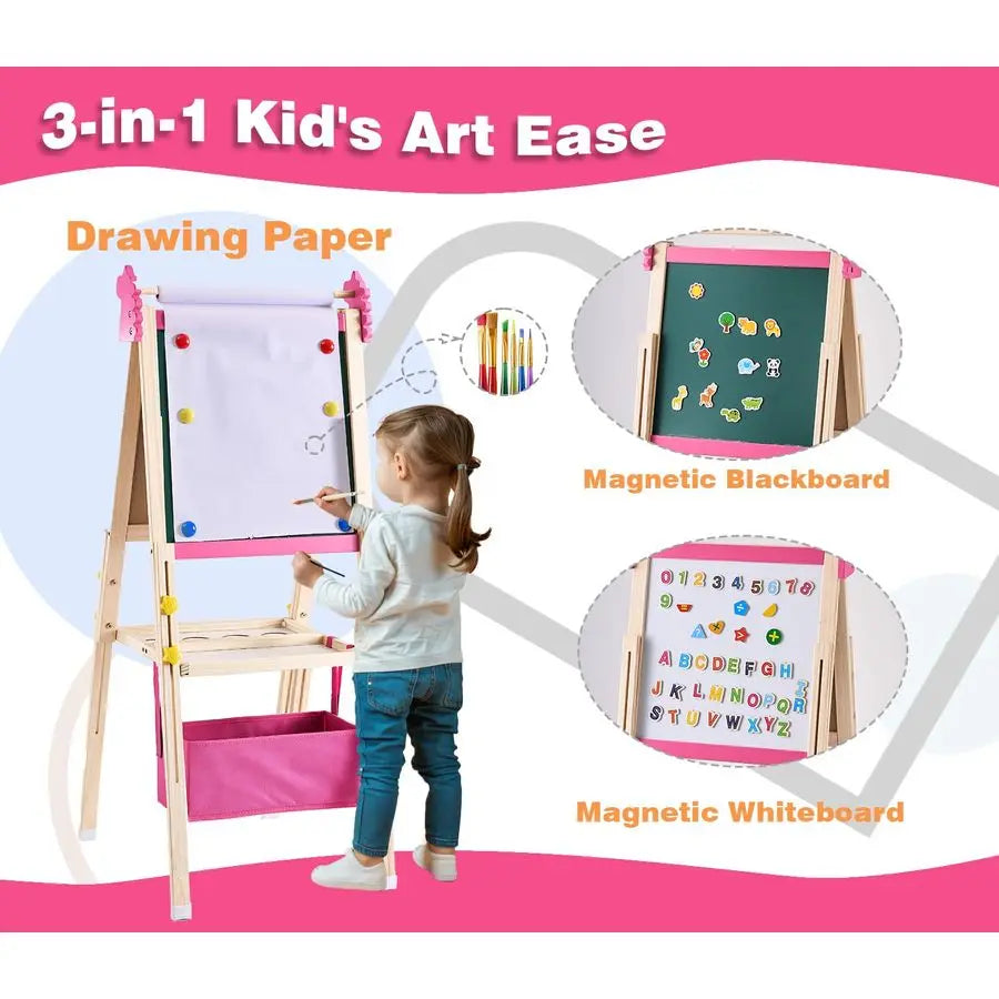 Easel for Kids Adjustable Wooden DoubleSided Magnetic Whiteboard and Chalk Board with Paper Roll, 100 Drawing Accessories Foldab