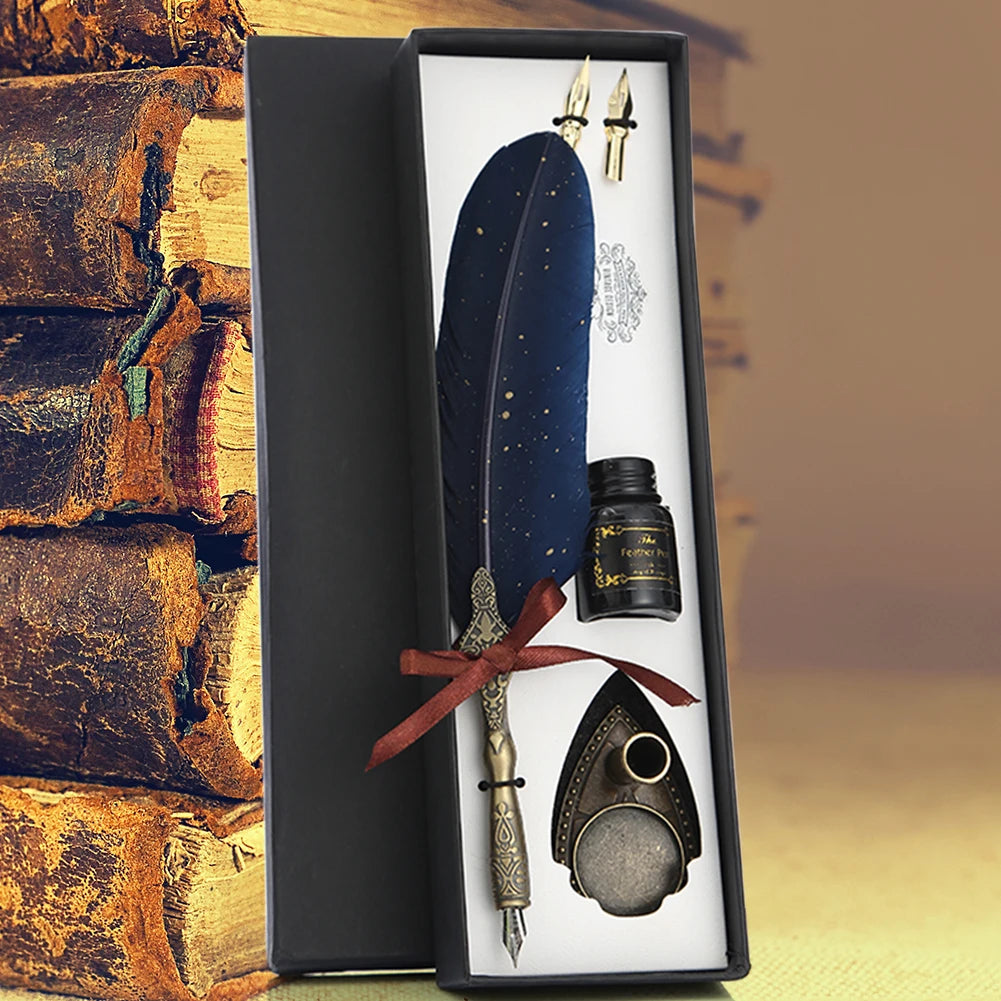 Retro Calligraphy Feather Dip Pen with 2 Nib Quill Fountain Writing Stationery