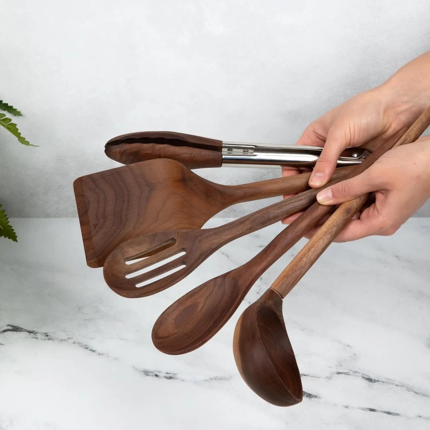 5-Piece Walnut Wooden Kitchen Utensil Set - Turner, Tongs, Slotted Spoon, Ladle & Spoon - Safe for Nonstick Cookware