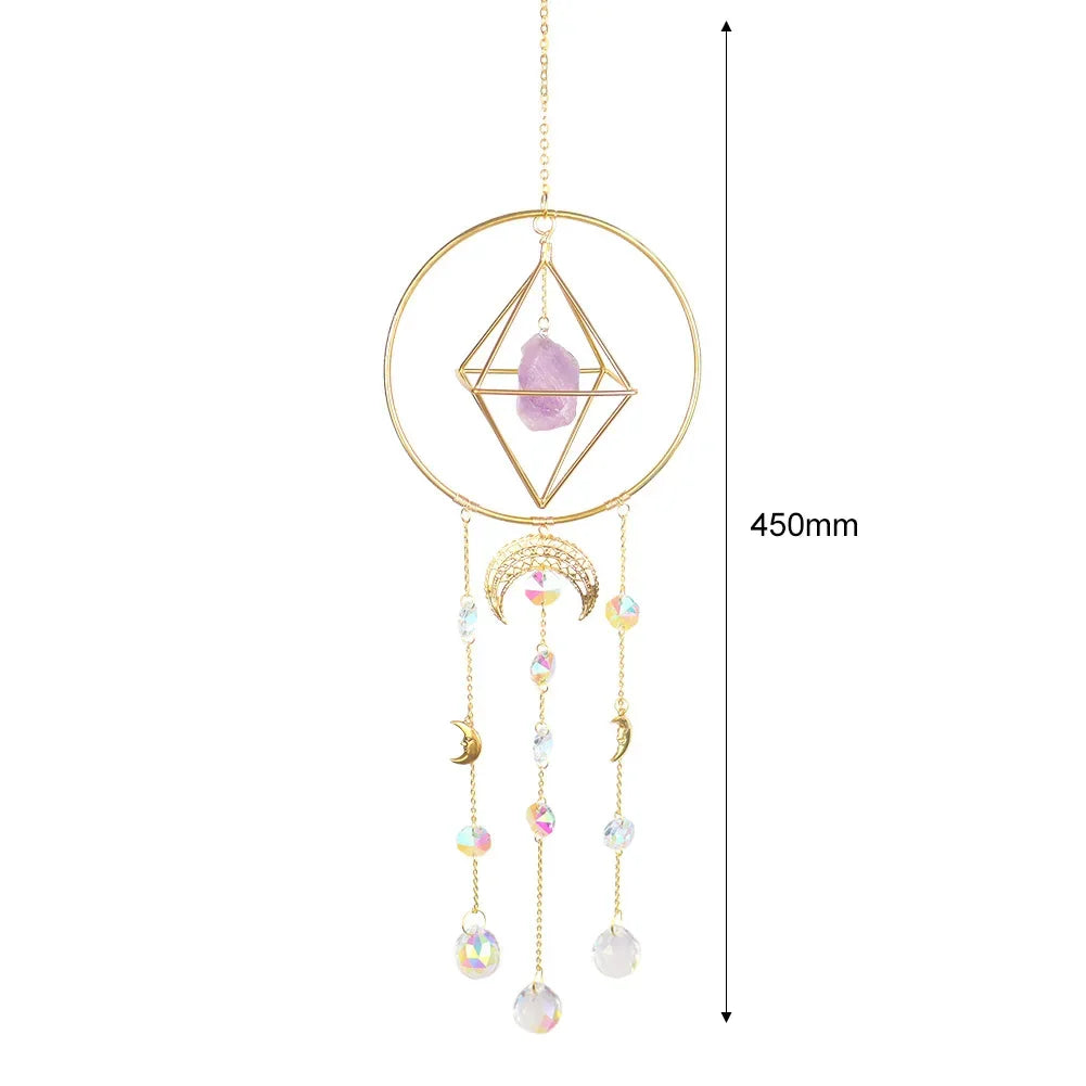 Crystal Wind Chime Star Moon Sun Catchers Windchimes Plated Colorful Beads Hanging Drop.