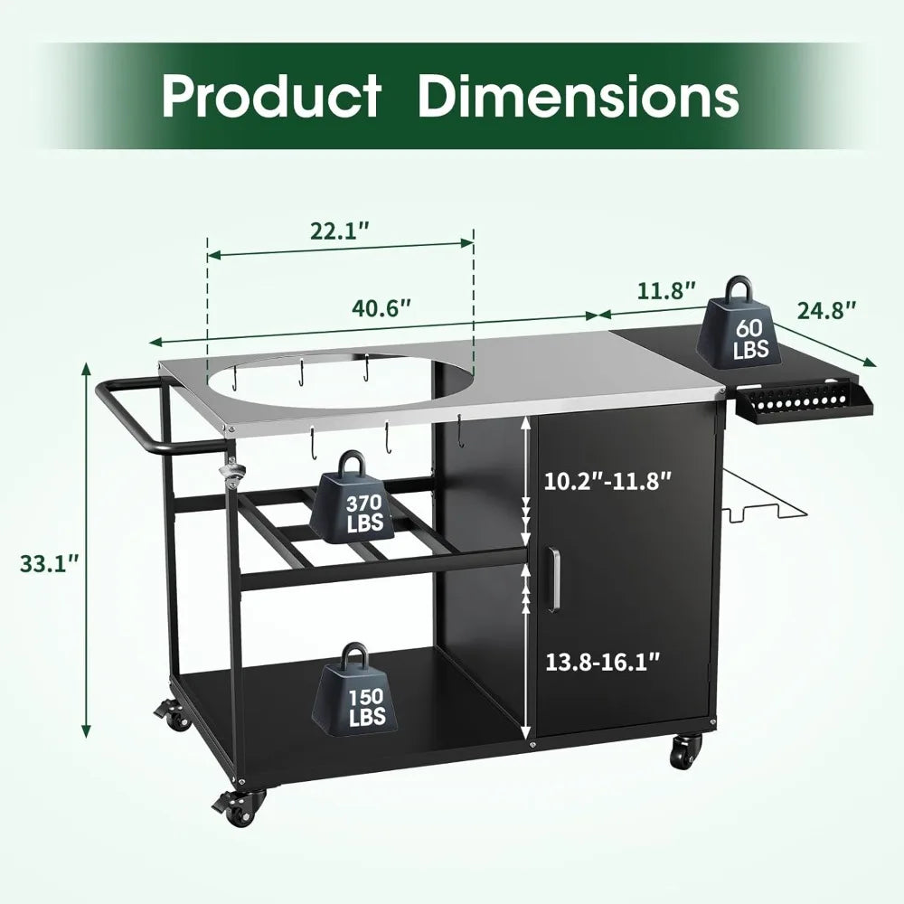 Heavy metal outdoor grill stand prep table with wheels, plenty of storage, for big green egg