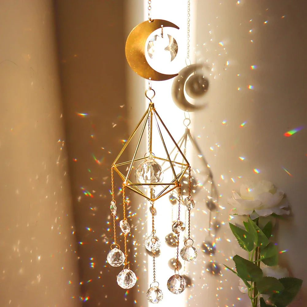 Crystal Wind Chime Star Moon Sun Catchers Windchimes Plated Colorful Beads Hanging Drop.