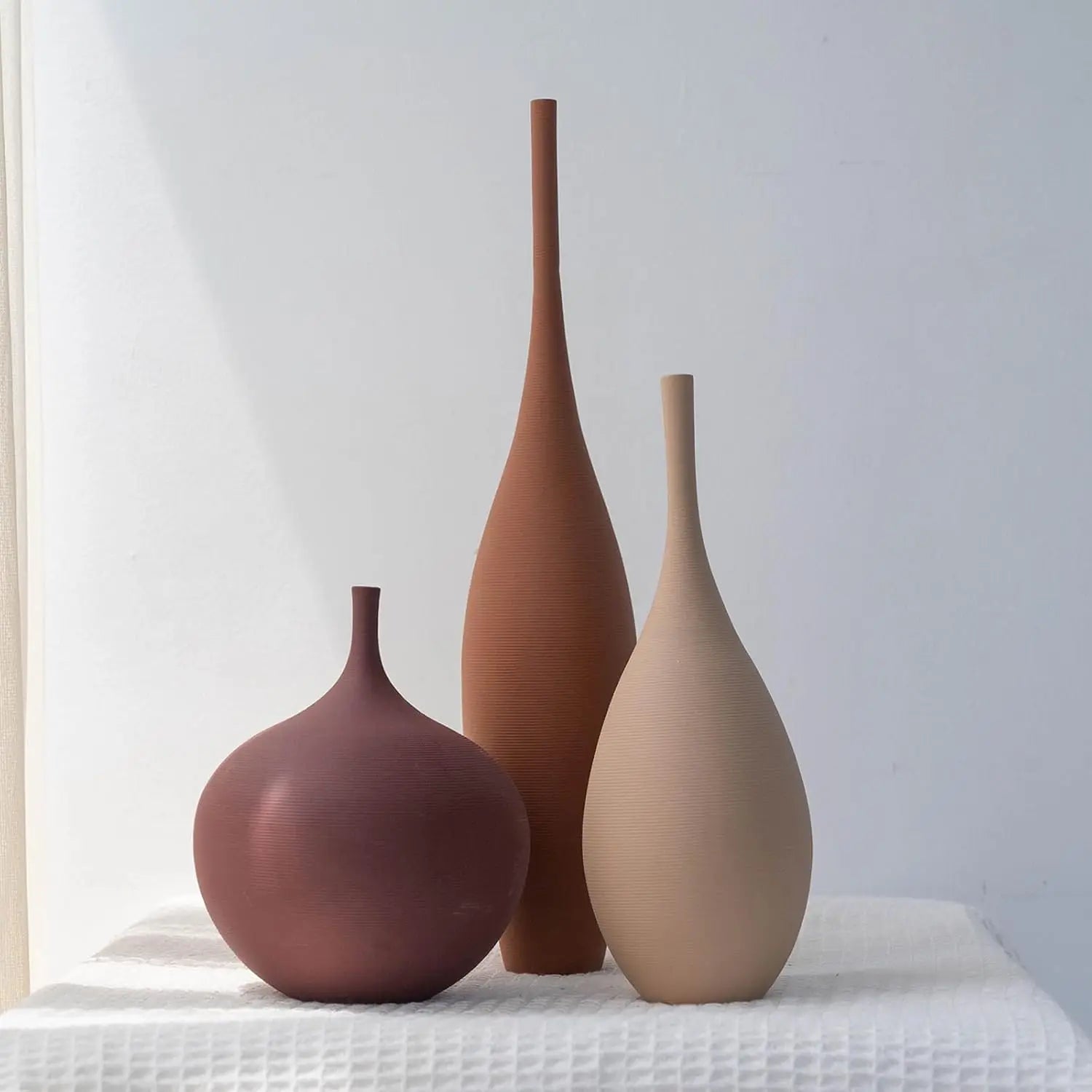 Set of 3 Modern Ceramic Vases, Farmhouse Minimalist Decor for Home Centerpieces in Brown Khaki Red