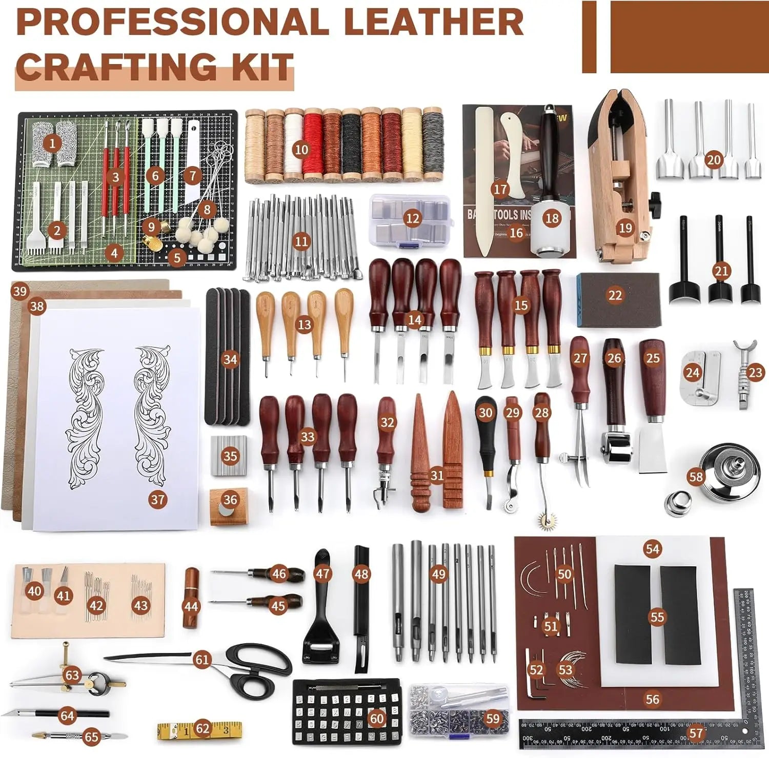 Professional Leather Crafting Tool Kit with Cutting, Punching, Carving, and Heavy Duty Sewing Supplies