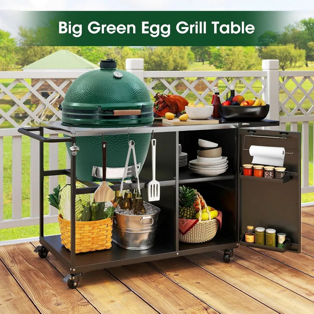 Heavy metal outdoor grill stand prep table with wheels, plenty of storage, for big green egg