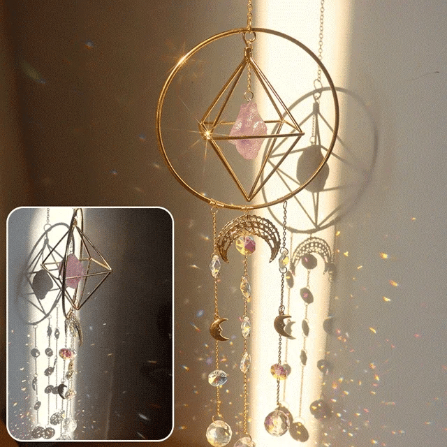 Crystal Wind Chime Star Moon Sun Catchers Windchimes Plated Colorful Beads Hanging Drop.