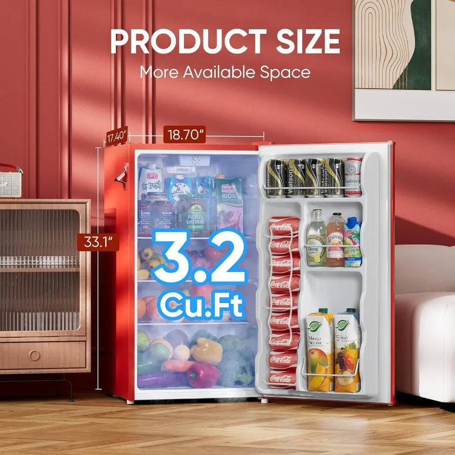3.2 Cu.Ft Retro Mini Fridge with Bottle Opener for Bedroom Office Dorm Energy Saving Design Adjustable Thermostat Metal Handle