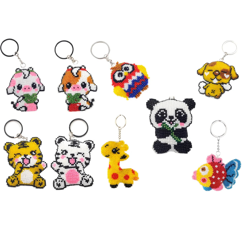 2/5Pcs Animal DIY Beaded Cross Stitch Ornament Kit Printed Bead Embroidery Needlework Key Ring Kit Gift for Friends