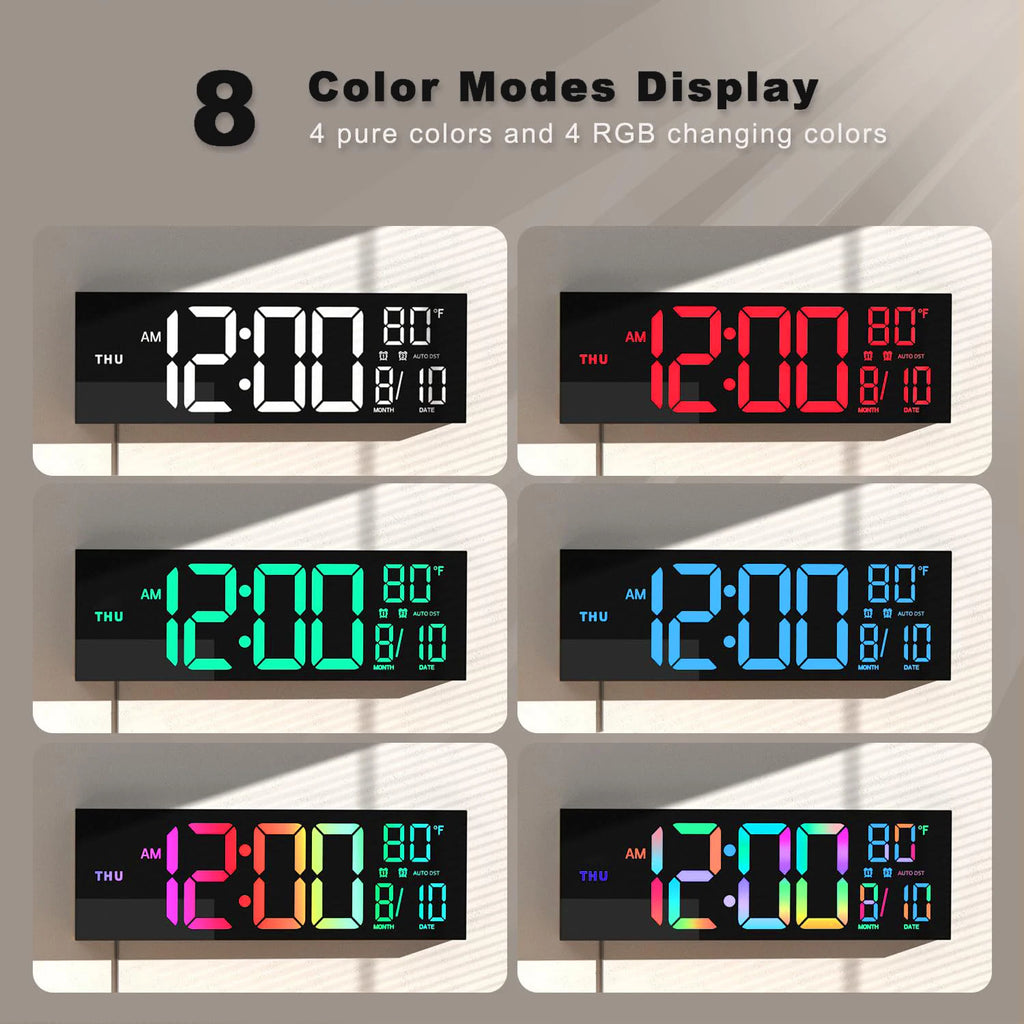 16" Large Digital Wall Clock, with Remote, 8 RGB Color, Alarm, DST, Temperature.