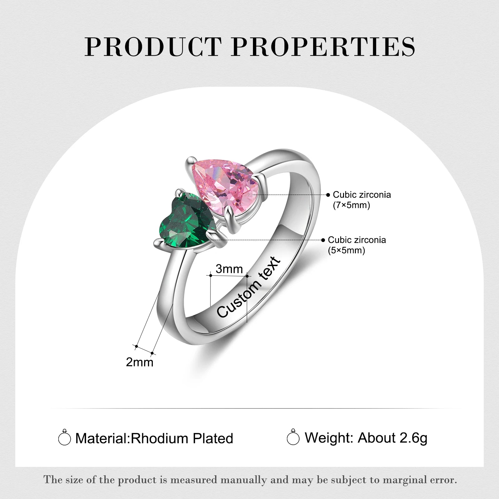 Ring with Heart Birthstone Personalized Inlaid Engraved.