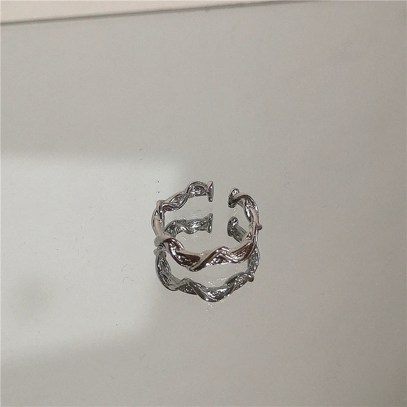 Punk Harajuku Goth Thorns Black Silver Color Irregular Heart Cross Open Ring.