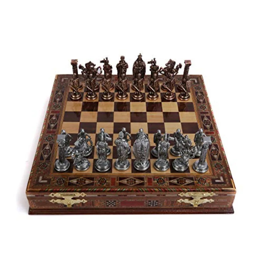 Medieval British Army Antique Copper Metal Chess Set for Adults Handmade Pieces and Natural Solid Wooden Chess Board with Hidde