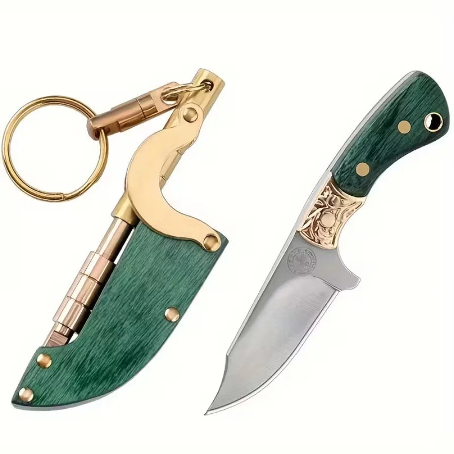 Mini Folding Knife Keychain Portable Pocket Knife Green Wood Handle Brass Decor