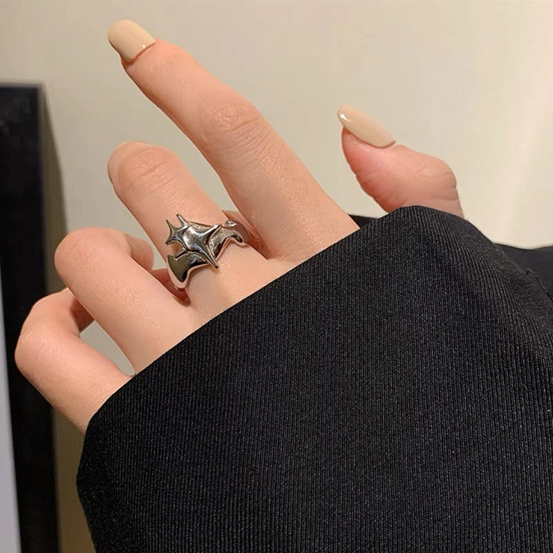 Punk Harajuku Goth Thorns Black Silver Color Irregular Heart Cross Open Ring.