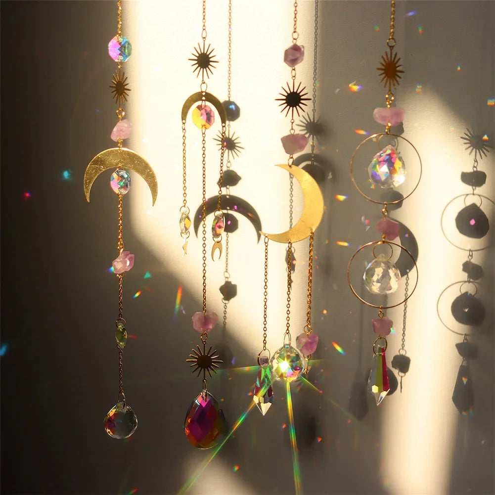 Crystal Wind Chime Star Moon Sun Catchers Windchimes Plated Colorful Beads Hanging Drop.