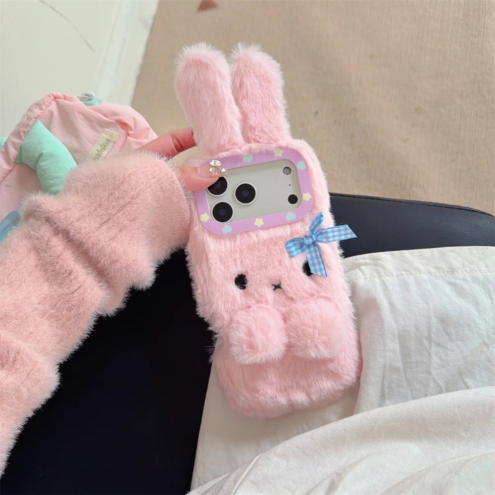 Warm fluffy furry bow 3D rabbit phone case.