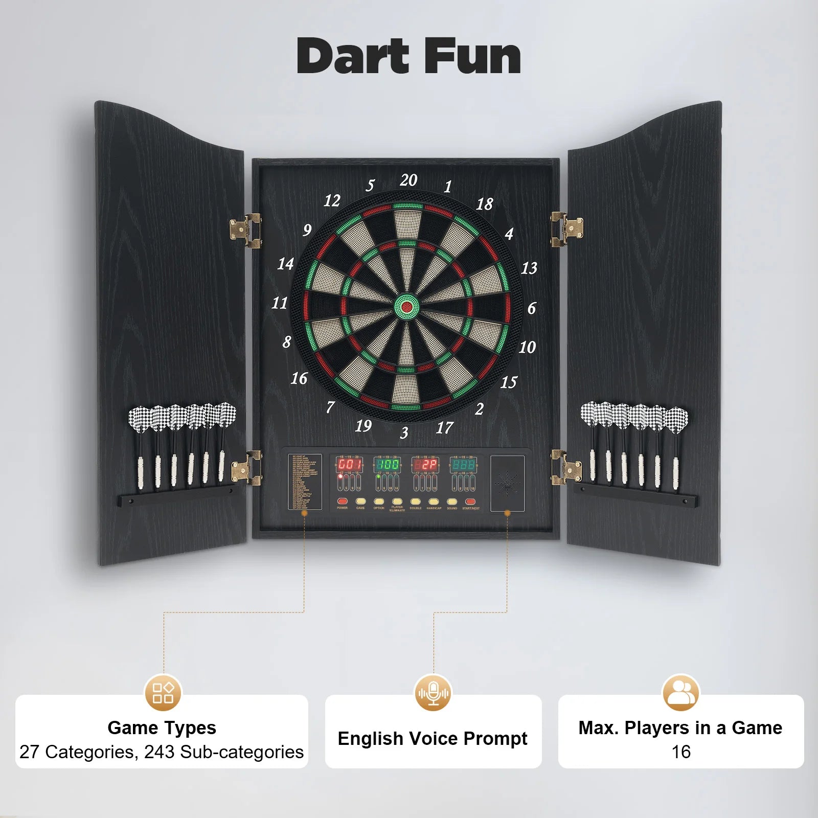 Electronic Dart Board Set with 4 LED Displays Voice Prompts 12 Darts for Home/Office/Party Game 16 Players & 243 Games CB05E