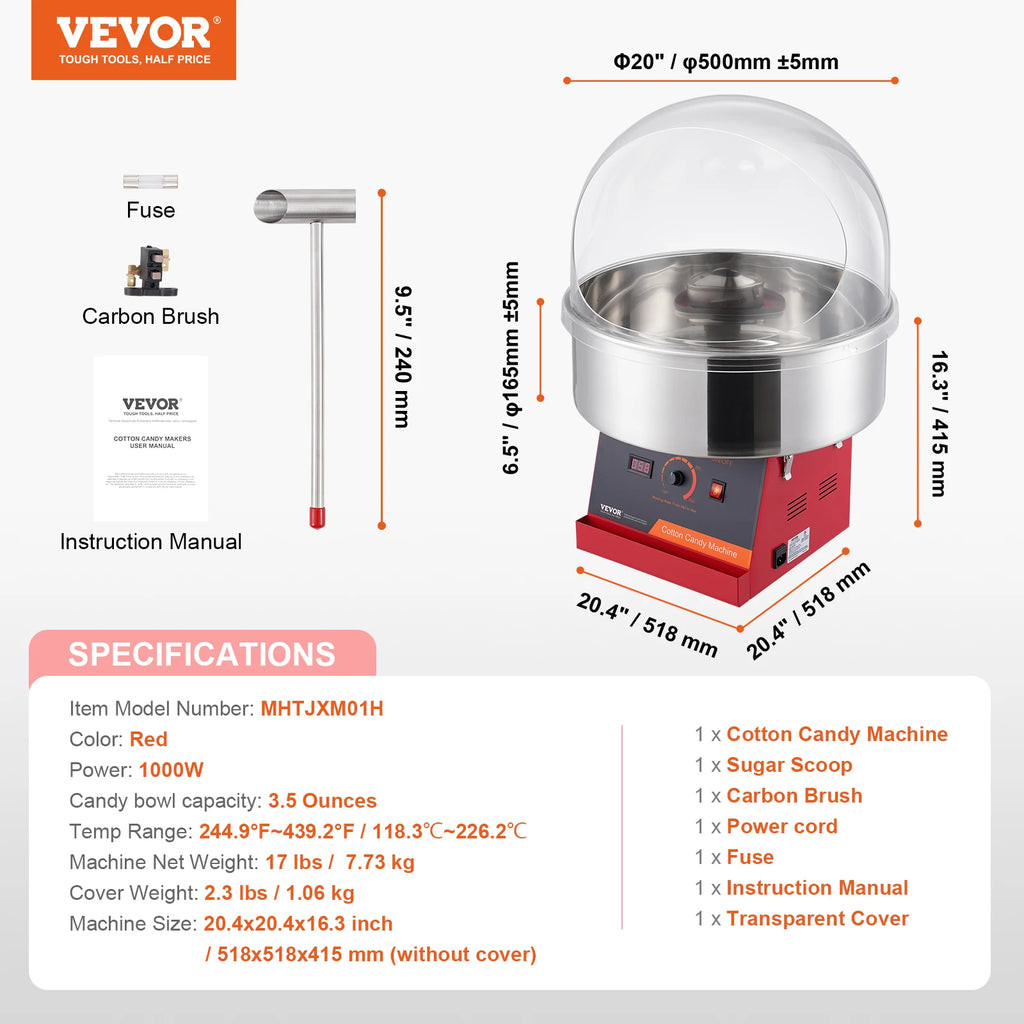 Electric Cotton Candy Machine 1000W Candy Floss Maker Commercial Cotton Candy Machine Stainless Steel Bowl Sugar Scoop