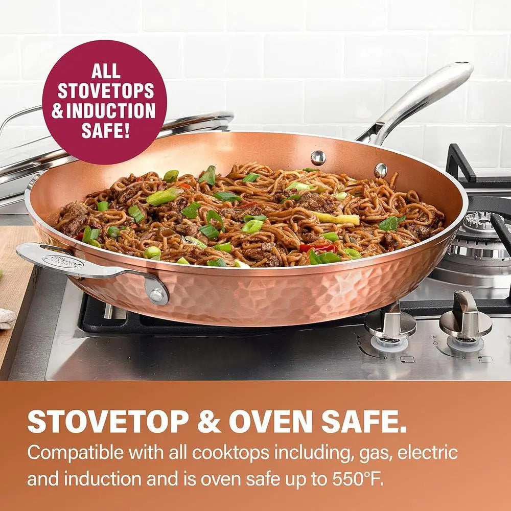 14 Inch Hammered Copper Non-Stick Frying Pan with Lid, Ceramic Coating, Induction Compatible, Oven and Dishwasher Safe, 100% PTF