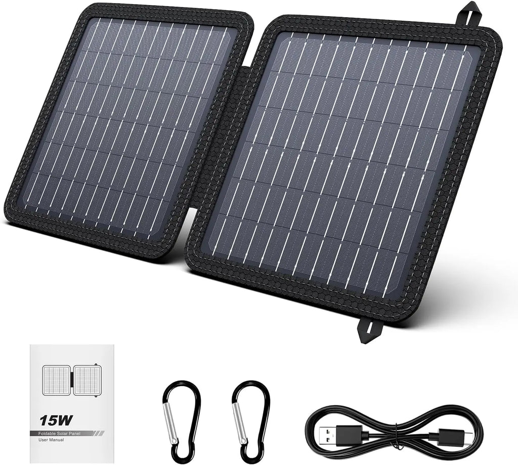 15W Portable Solar Panel Battery Charger with 5V 3A USB-A USB-C Output.