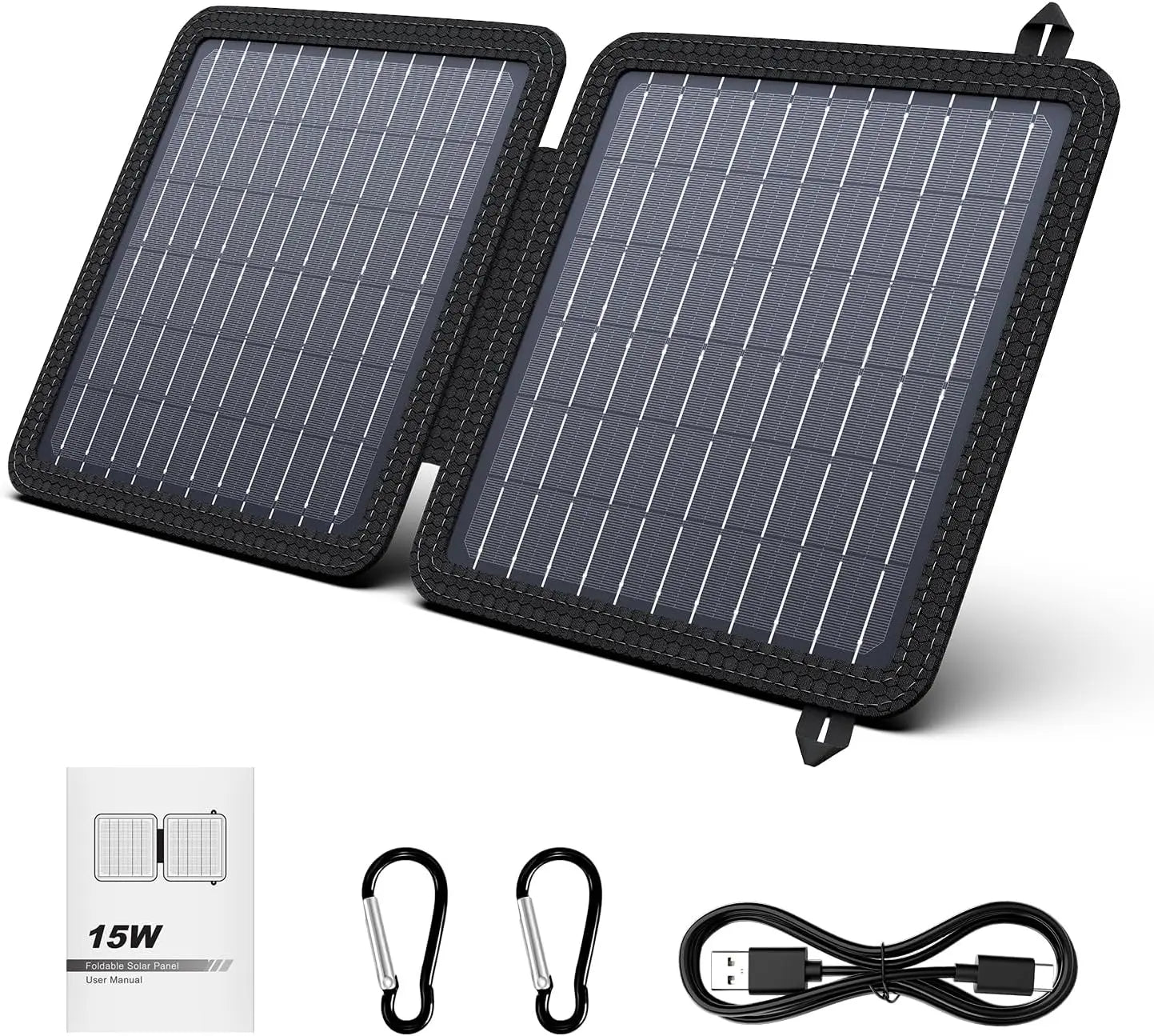 15W Portable Solar Panel Battery Charger with 5V 3A USB-A USB-C Output.