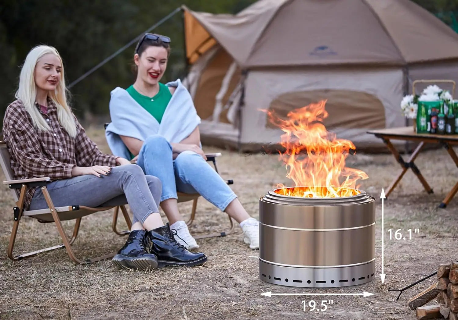 Smokeless Fire Pit 19 Inch for Outdoor Wood Burning, Stainless Steel Portable Firepit with Ash Pan.