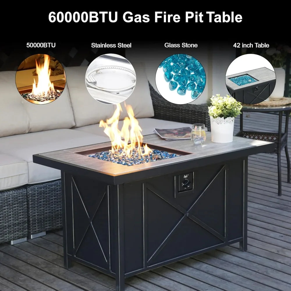 42 inch 50,000 BTU Rectangular Propane Gas Fire Pit Table with Fire Glass.