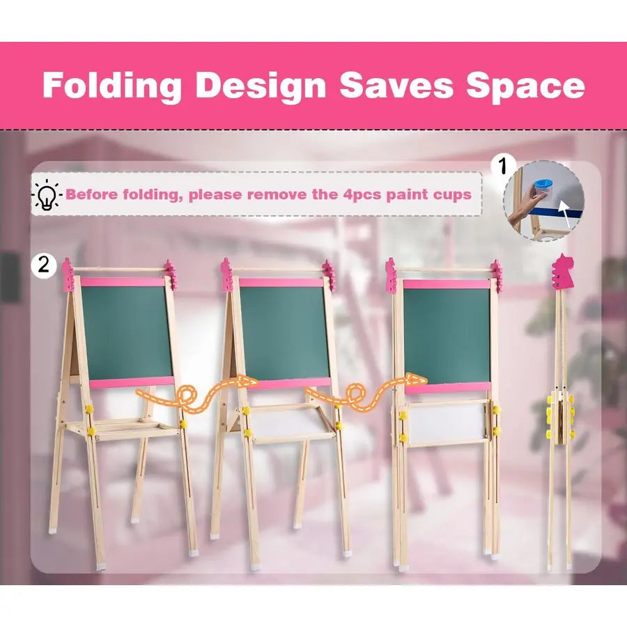 Easel for Kids Adjustable Wooden DoubleSided Magnetic Whiteboard and Chalk Board with Paper Roll, 100 Drawing Accessories Foldab