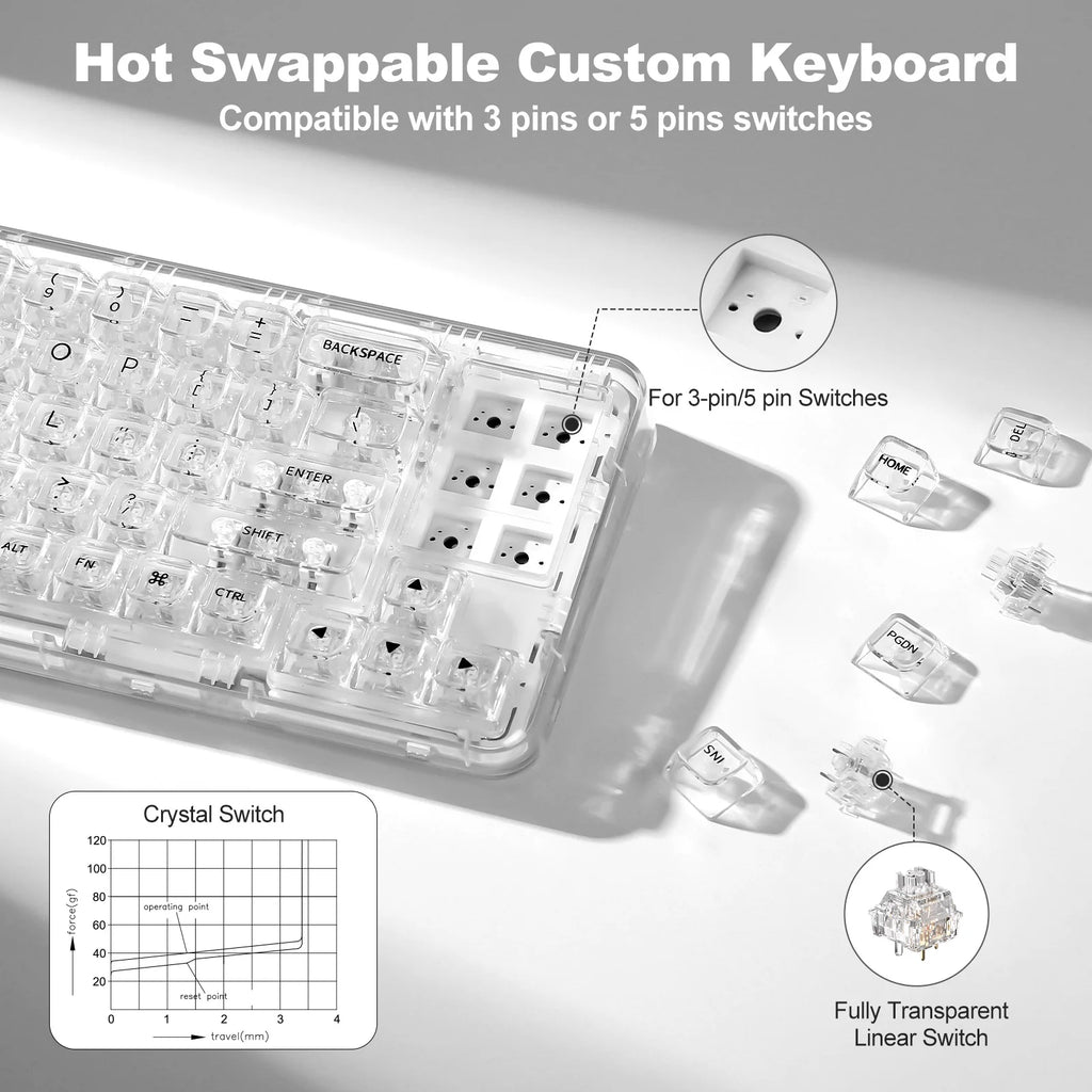 Wireless BT/2.4G/USB-C Gasket Hot-Swap Transparent RGB Mechanical Gaming Keyboard with Clear Keycaps