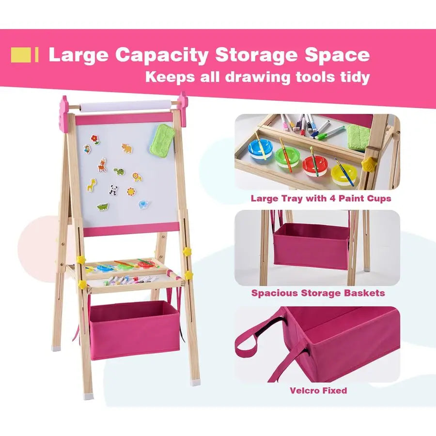 Easel for Kids Adjustable Wooden DoubleSided Magnetic Whiteboard and Chalk Board with Paper Roll, 100 Drawing Accessories Foldab